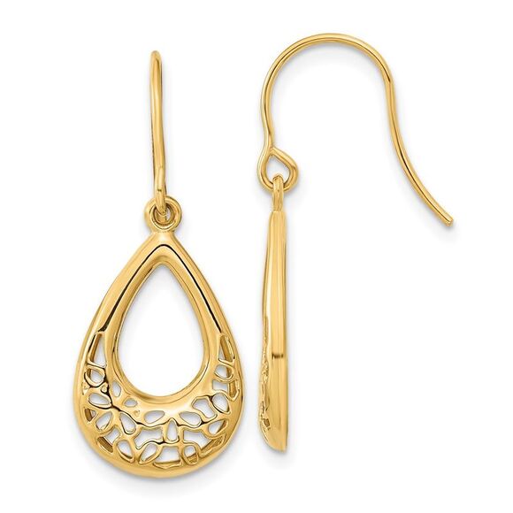 Kazi Luxury 14k Yellow Gold Polished Floral Teardrop Shepherd Hook Earrings